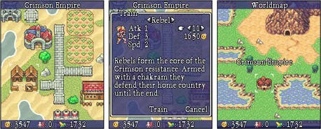Early version of Armada: Kingdoms for Nokia and other Java-enabled phones, showing a town, unit training and the world map